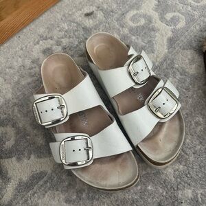 Birkenstock Big Buckle White Sandals with Silver Buckles
